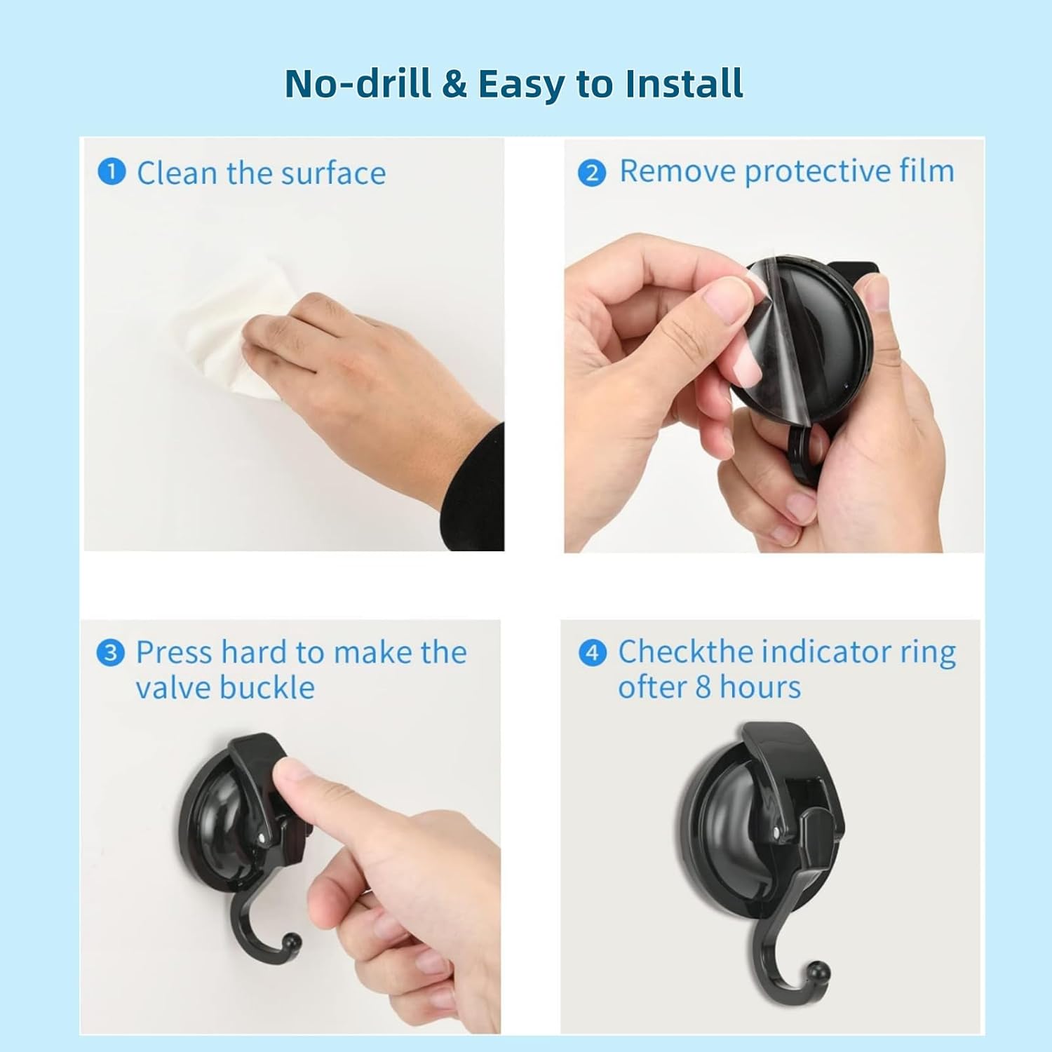Skiennix Heavy Duty Vacuum Suction Cup Hooks - Easy Install & Remove | Black, 2-Pack for Kitchen & Bathroom
