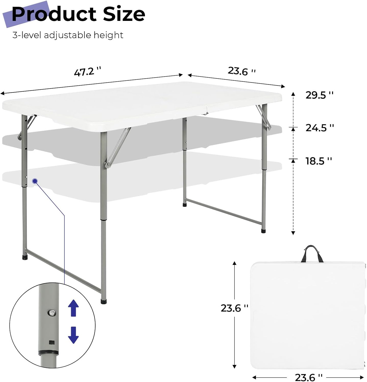 Byliable Folding Table - 4 Foot Portable Heavy Duty Utility Table | Adjustable Height, Indoor/Outdoor, White