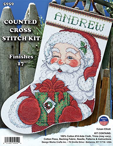 Winking Santa Cross Stitch Stocking Kit with Cotton Floss & Beads, 17 Inches