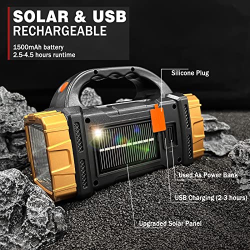 1-Pack Solar Flashlight High Lumens Rechargeable Outdoor Waterproof Spotlight LED Work Light Searchlight Lantern for Camping Emergencies
