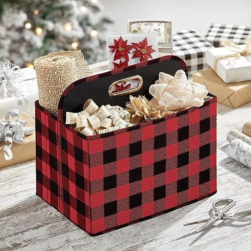 mDesign Holiday Storage Box for Gift Wrapping and Bows with Compartments and Handle - Christmas Organizer Tote for Ribbons - Divided Container for Crafts and Stationary - Buffalo Plaid, Red/Black