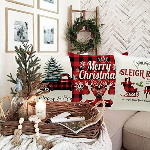 Hlonon Christmas Pillow Covers Set of 4 - 18x18 Inch Cotton Linen