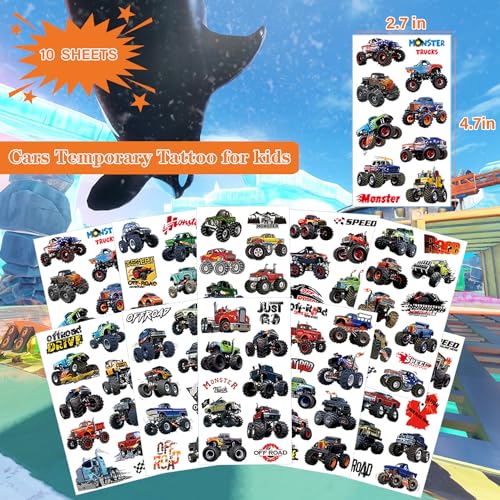 Monster Truck Temporary Tattoos for Kids - 10 Sheets Waterproof Party Favors