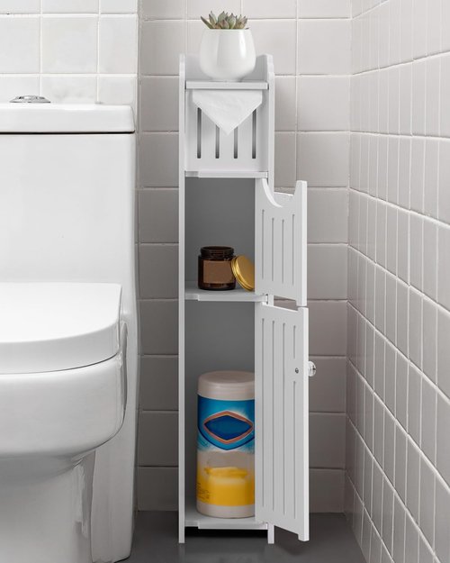 AOJEZOR Bathroom Storage Cabinet - Compact Design with Toilet Paper Holder for Mega Rolls | White Finish