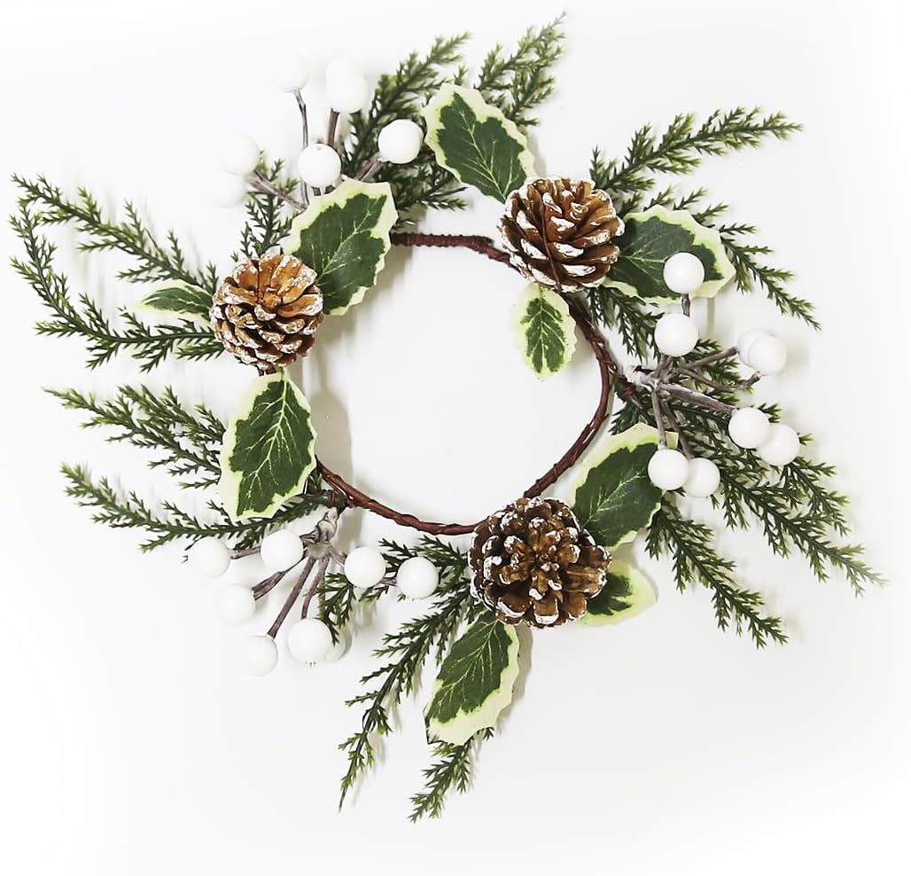 Regine Switzerland Christmas Greenery Candle Rings - 12 Pack with White Berries & Pine Cones | Festive Table Decor