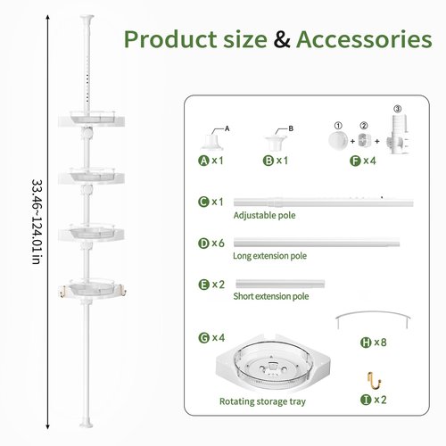 360° Rotating Shower Caddy Tension Pole, 4 Tiers Corner Shower Organizer for Bathroom Shelf Bathtub, Adjustable Standing Shower Rack Bathroom Accessories, Easily Assemble, 34-124 Inch Height, White