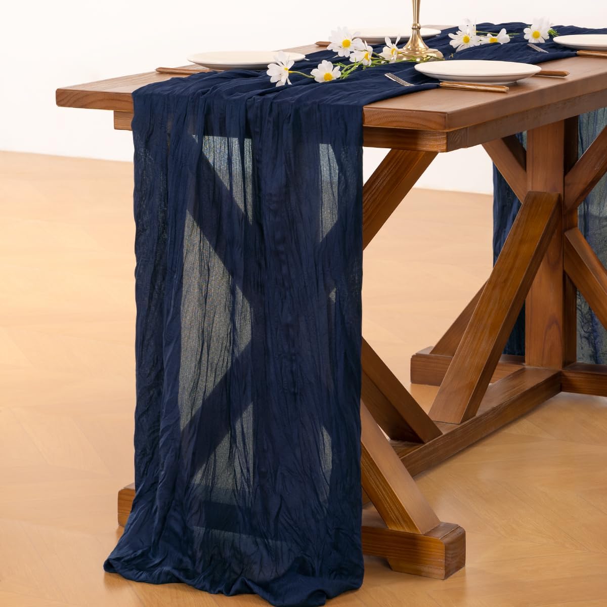 Socomi Cheesecloth Table Runner - Navy Blue Boho Rustic Design | 120 Inch for Weddings & Events