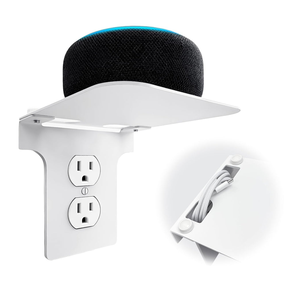 Metal Outlet Shelf Wall Holder for Duplex (Round) Outlets - Bathroom & Kitchen Organizer with Cord Storage, Quick Install for Smart Home Toothbrush Holder Holds Smart Speaker Cell Phone