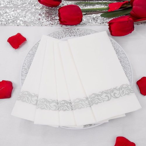 400 PCS Silver Napkins Disposable Hand Towels, Soft and Absorbent Linen Feel Dinner Napkins, White and Silver Paper Napkins, Elegant Decorative Paper Guest Towels for Bathroom Kitchen Wedding Party