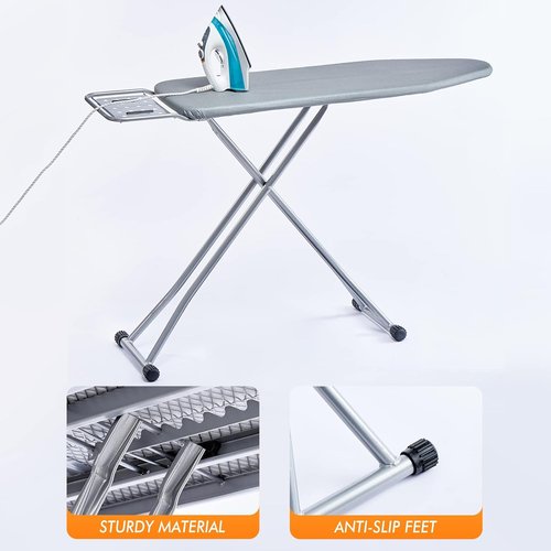 BKTD Ironing Board - Heat Resistant Cover with Steam Rest | Non-Slip, Foldable Design (13" x 34" x 53") - Silver Gray