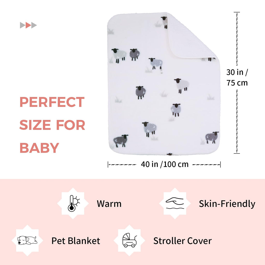 Soft Cozy Sherpa Fleece Baby Blankets Animal Pattern Fluffy Plush Receiving Blanket for Newborn Infant Toddler Thick Warm Crib Stroller Blanket for Boys Girls 30"x40" White Sheep