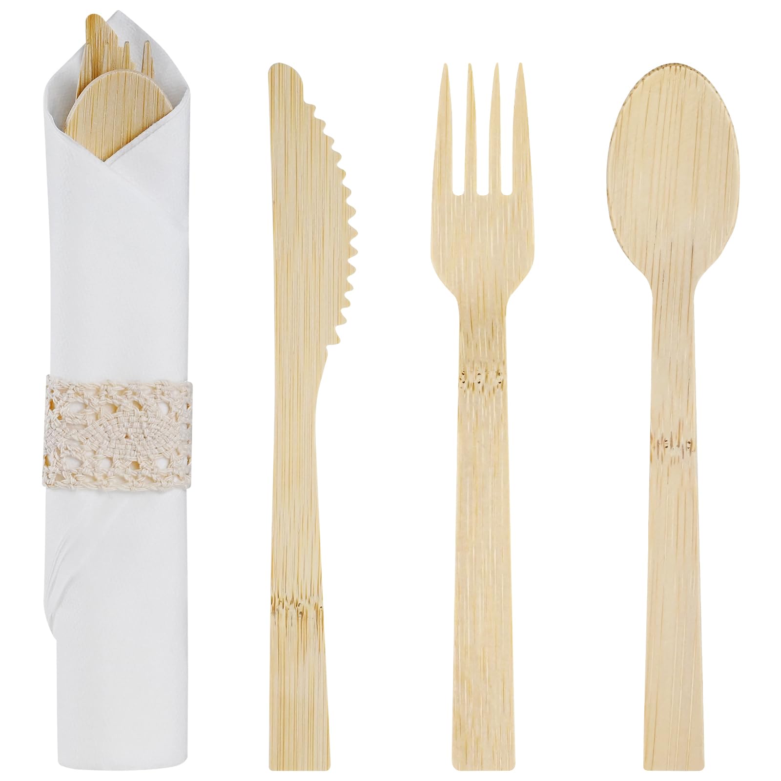 100Pack Pre Rolled Bamboo Utensils - Pre Rolled Bamboo Cutlery Set(100 Forks, 100 Knives, 100 Spoons, 100 Napkins), Wrapped Wooden Cutlery, Biodegradable Wrapped Cutlery for Party, Wedding, Events