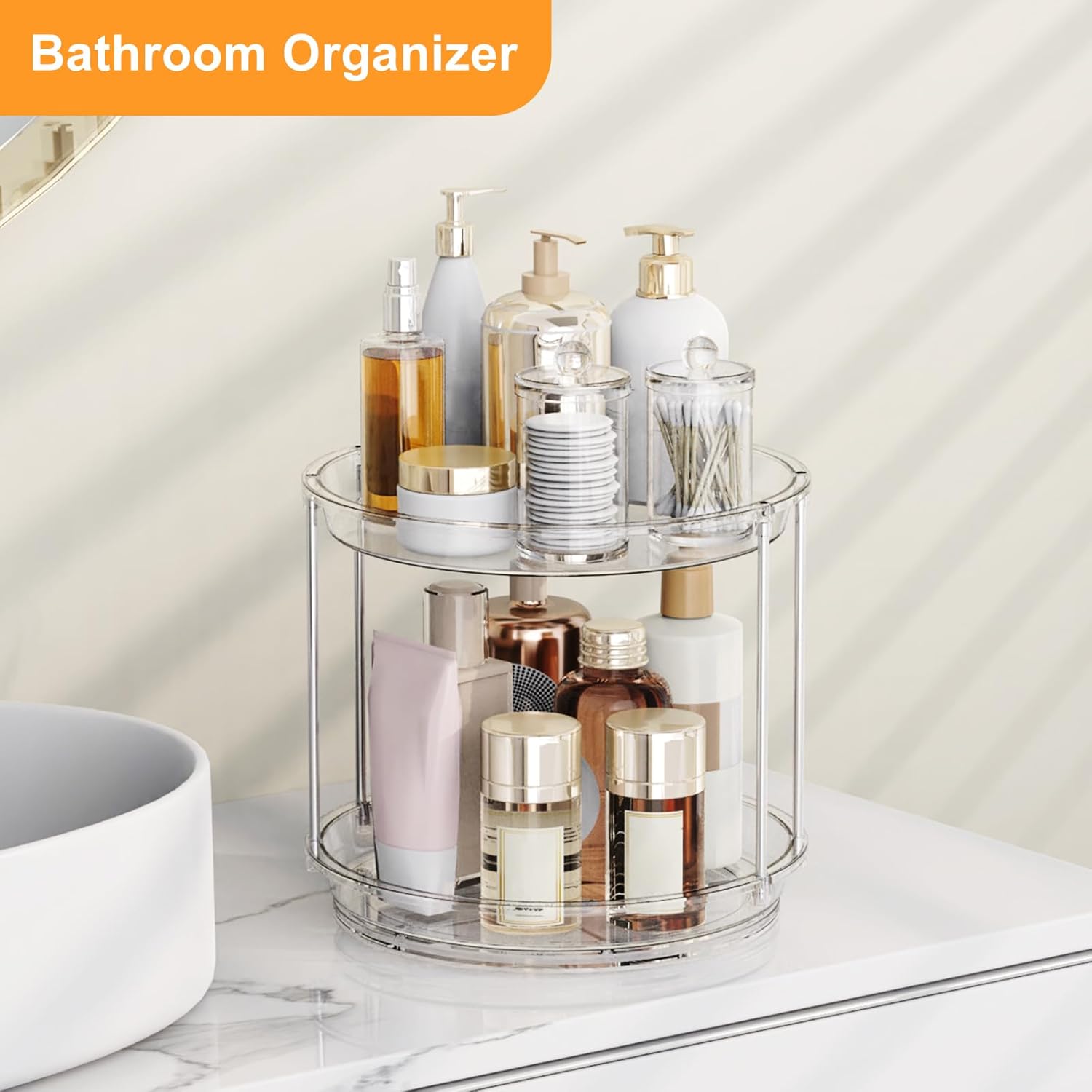 Skiennix 360 Rotating Makeup Organizer - 2-Tier Clear Vanity Turntable for Skincare & Perfume