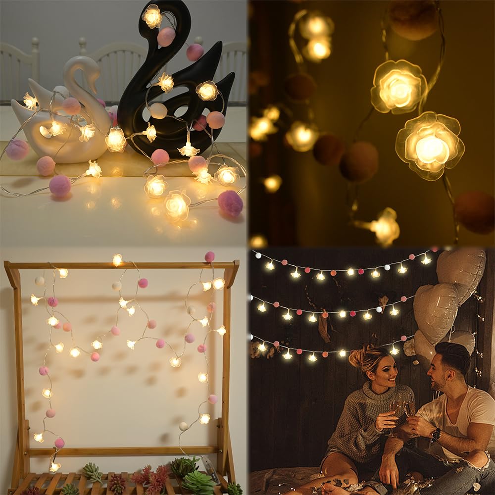 ChiRee 9.85Ft String Lights 20 Cute Pink Pompoms 20 LEDs Rose Fairy Lights Garland Battey Operated with Timer Flower Lights for Bedroom Kids Room Party Birthday Wedding Valentines Decorations