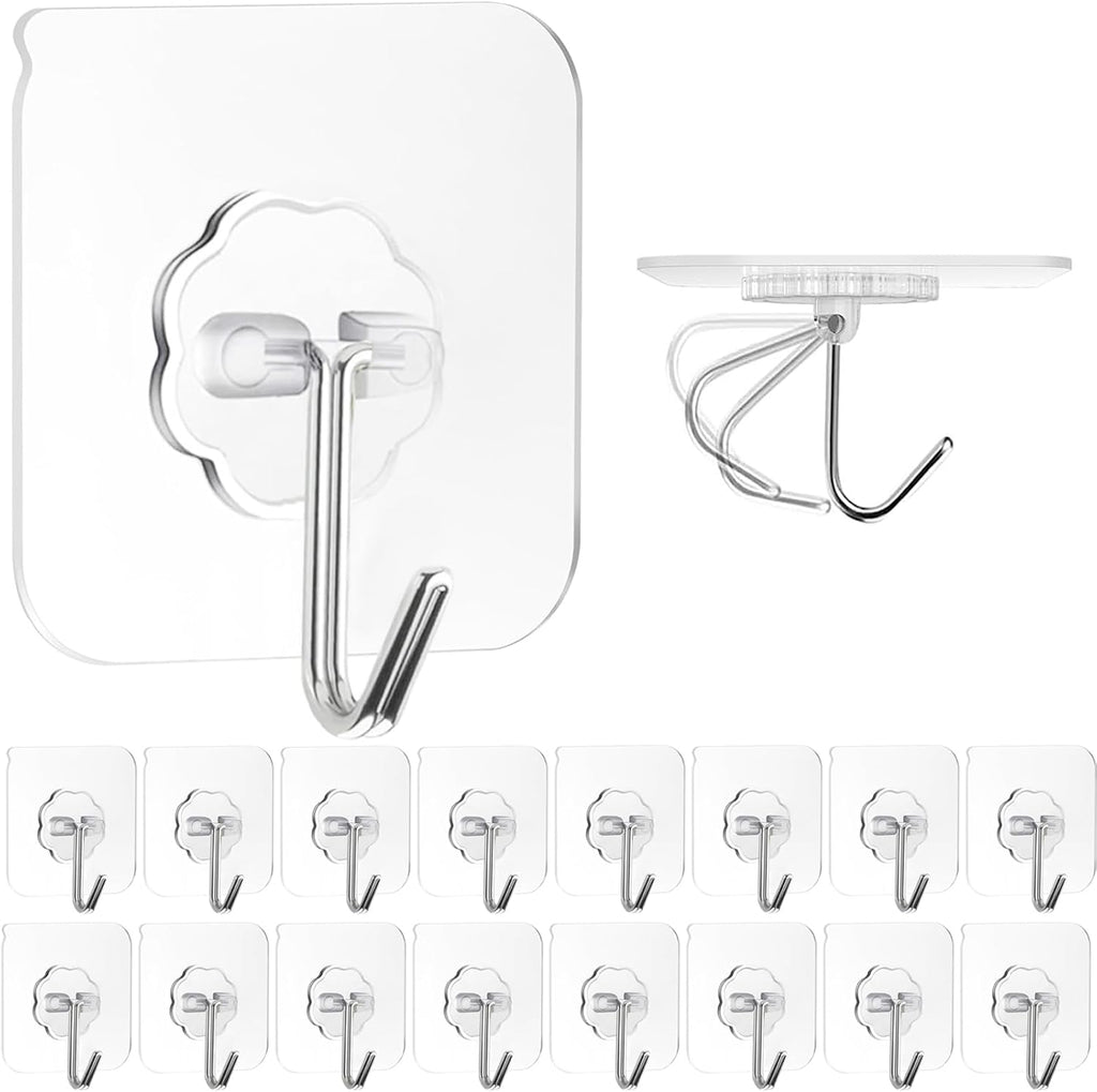 ZESLMG Heavy-Duty Adhesive Wall Hooks - 16 Pack Clear Self-Sticky, Removable for Towel, Key, Coat, and More