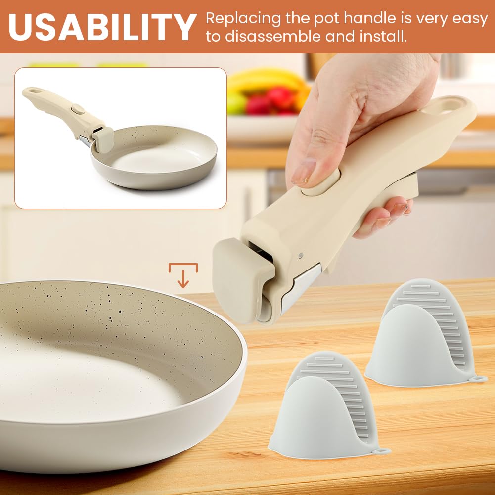 Removable Pot Handle, Cream White Detachable Pan Handles with 2 PCS Silicone Oven Mitts Heat Resistant, Universal Pan Replacement Handles for Pots and Pans
