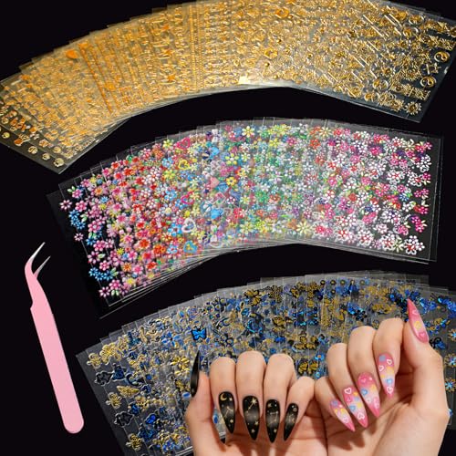 Vivinin 90 Sheets Floral 3D Nail Art Stickers with Tweezers