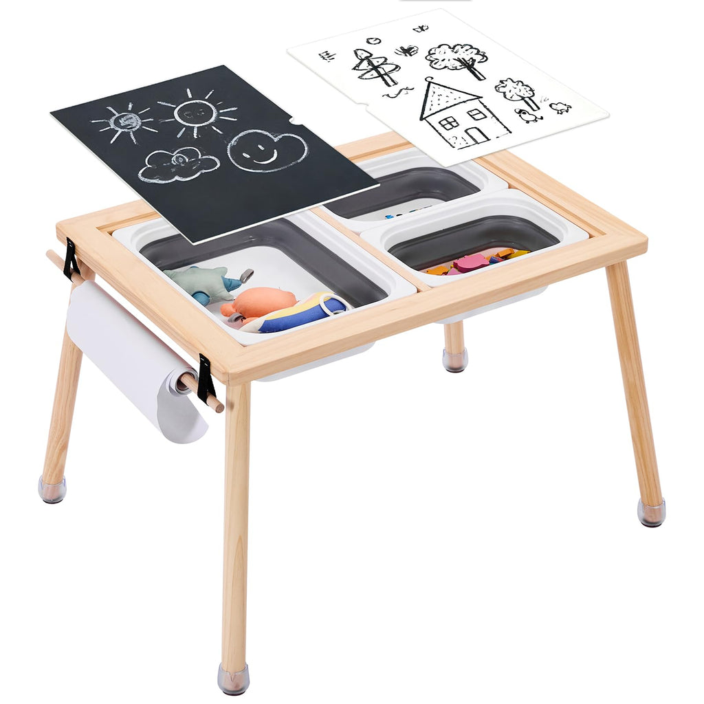 WOOD CITY Sensory Table for Toddlers Kids, Wooden Activity Table for Play Study Paper Roll Holder Indoor/Outdoor Montessori Play Sand and Water Table with Foldable Toys Storage Bins