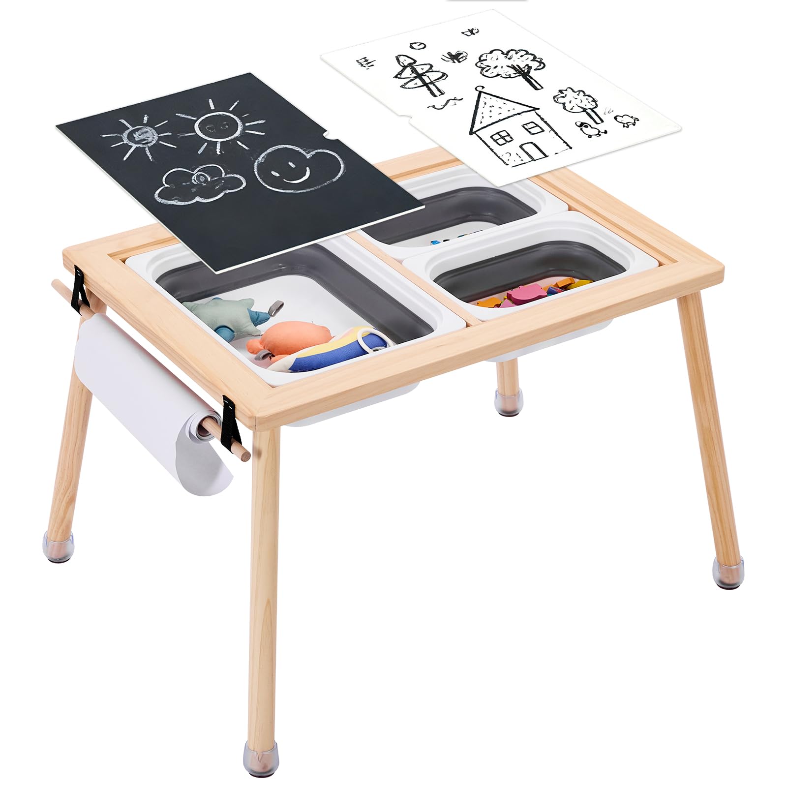WOOD CITY Sensory Table for Toddlers Kids, Wooden Activity Table for Play Study Paper Roll Holder Indoor/Outdoor Montessori Play Sand and Water Table with Foldable Toys Storage Bins