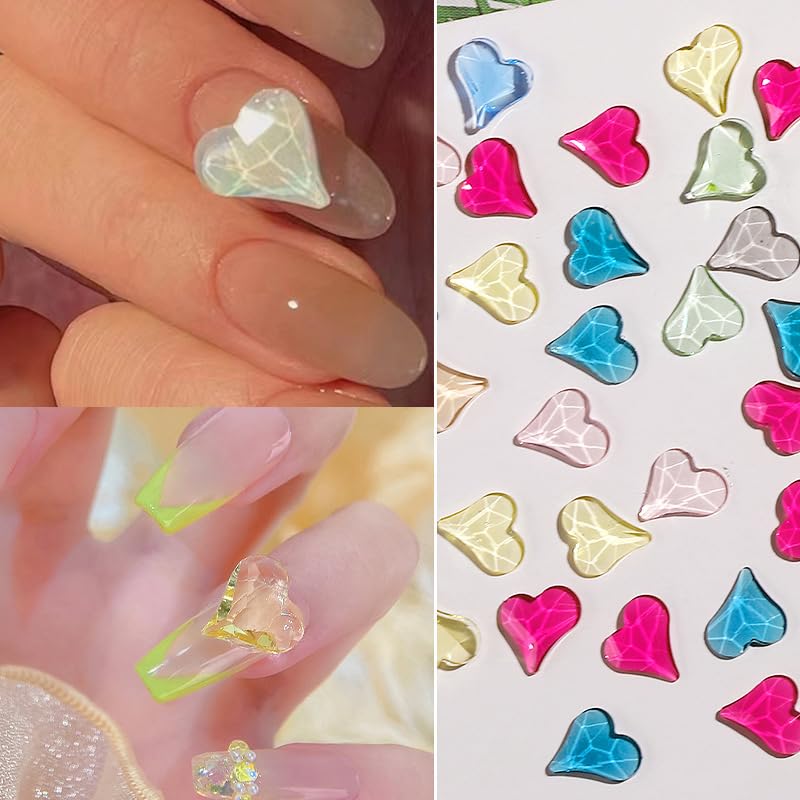 KAAGEE 80Pcs Aurora Heart Nail Rhinestones 3D Water Ripple Glass Charms