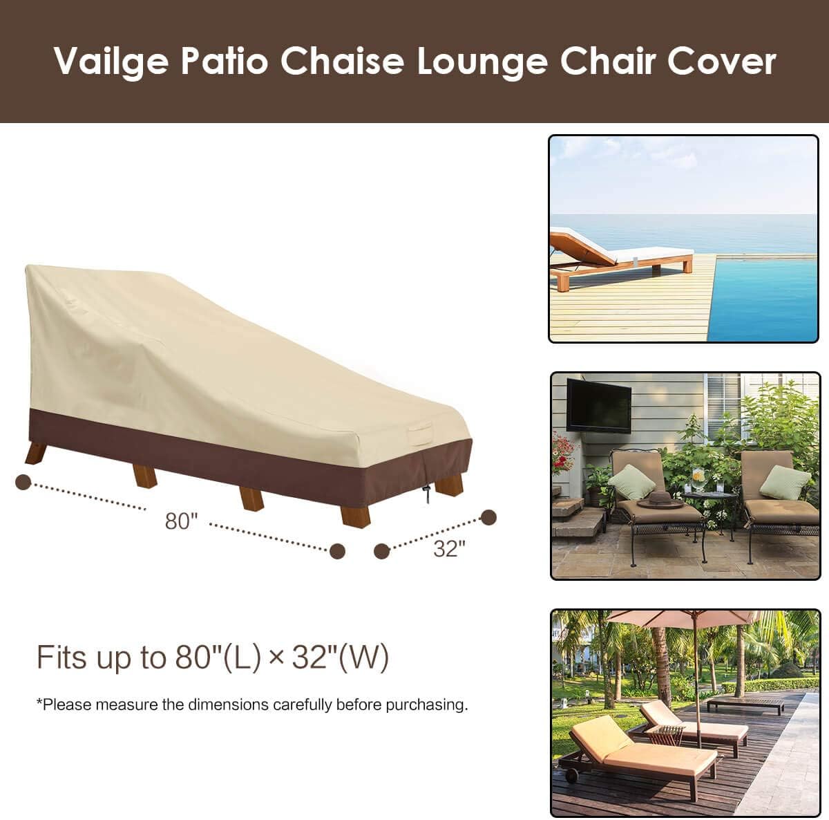 Vailge Waterproof Patio Chaise Lounge Covers - Heavy Duty UV Resistant 600D Fabric | Medium, Beige & Brown (2-Pack)