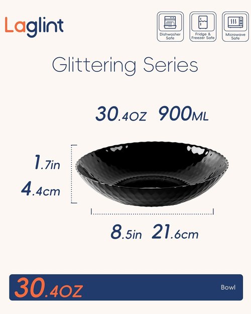 LaGlint 30 OZ Opal Glass Pasta Bowls - Set of 6 Black 8.5 Inch Round Serving Bowls | Microwave & Dishwasher Safe