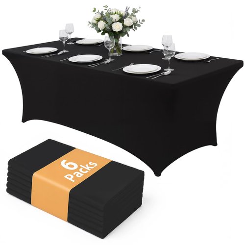 Lemict Black Tablecloths 96x30 Inch Table Cloths for 8 Foot Rectangle Tables, Wrinkle Resistant Washable Rectangular Spandex Fabric Table Cover for Vendor Dining Wedding Banquet Camping Party - 6 Pack