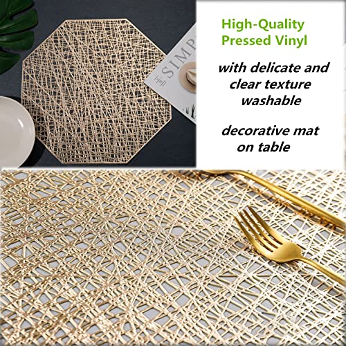 15 Inch Gold Vinyl Round Placemat Set of 6 - Wipeable and Washable Table Mats for Dining and Holiday Decor