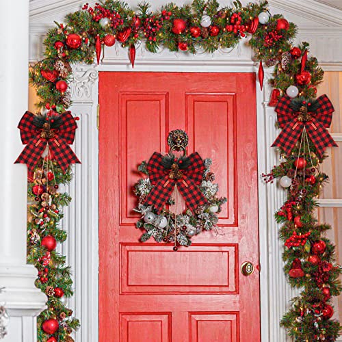 Christmas Buffalo Plaid Bow with Pine Needles Set - Red & Black Variation