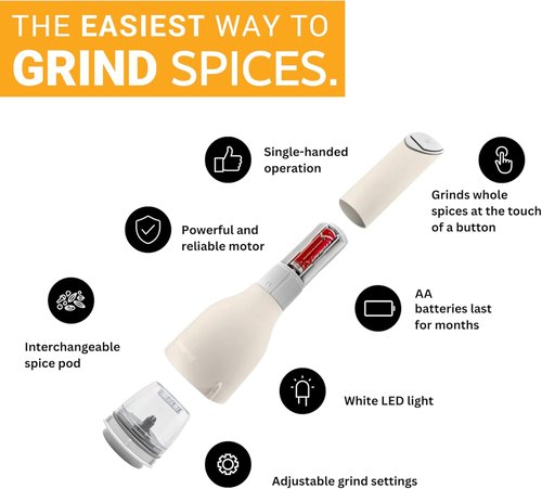 FinaMill Classic Battery Spice Mill - Battery Operated Salt & Pepper Grinder Set with 2 Pods & LED Light