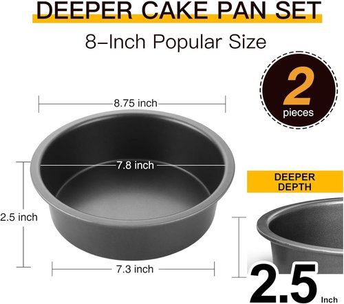 HONGBAKE Round Cake Pan Set - Nonstick 8-Inch Deeper Cake Pans with Wider Grips | 2-Piece Grey Set