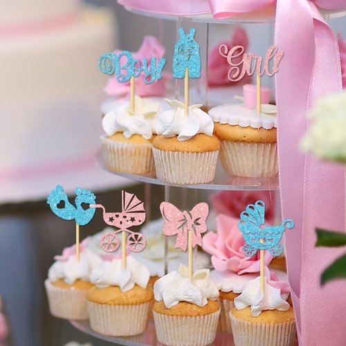36PCS Gender Reveal Cupcake Toppers – Pink and Blue Color Scheme Baby Shower Decorations with Glitter Paper Bottles, Bows, Bodysuits, Pants, Dresses & Feet for Boy or Girl Party