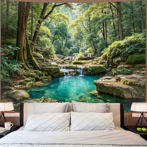 Zussun Nature Forest Tapestry, Teal Pool Landscape Wall Hanging 48x36