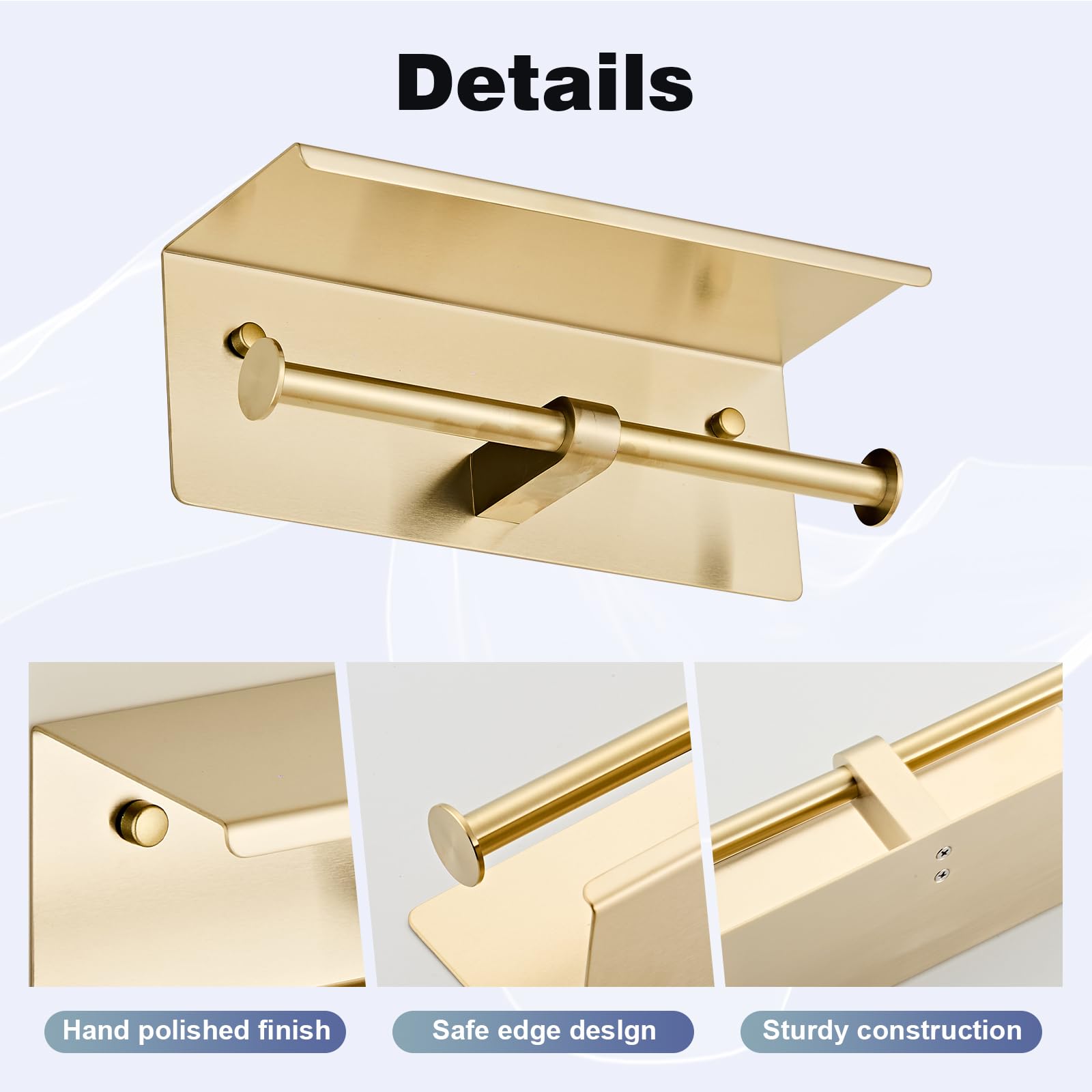 Toilet Paper Holder, NEWRAIN Double Bathroom Toilet Paper Roll Holder with Shelf, Stainless Steel Wall Mounted RV Tissue Roll Holder, Brushed Gold Commercial Farmhouse Toilet Paper Dispenser