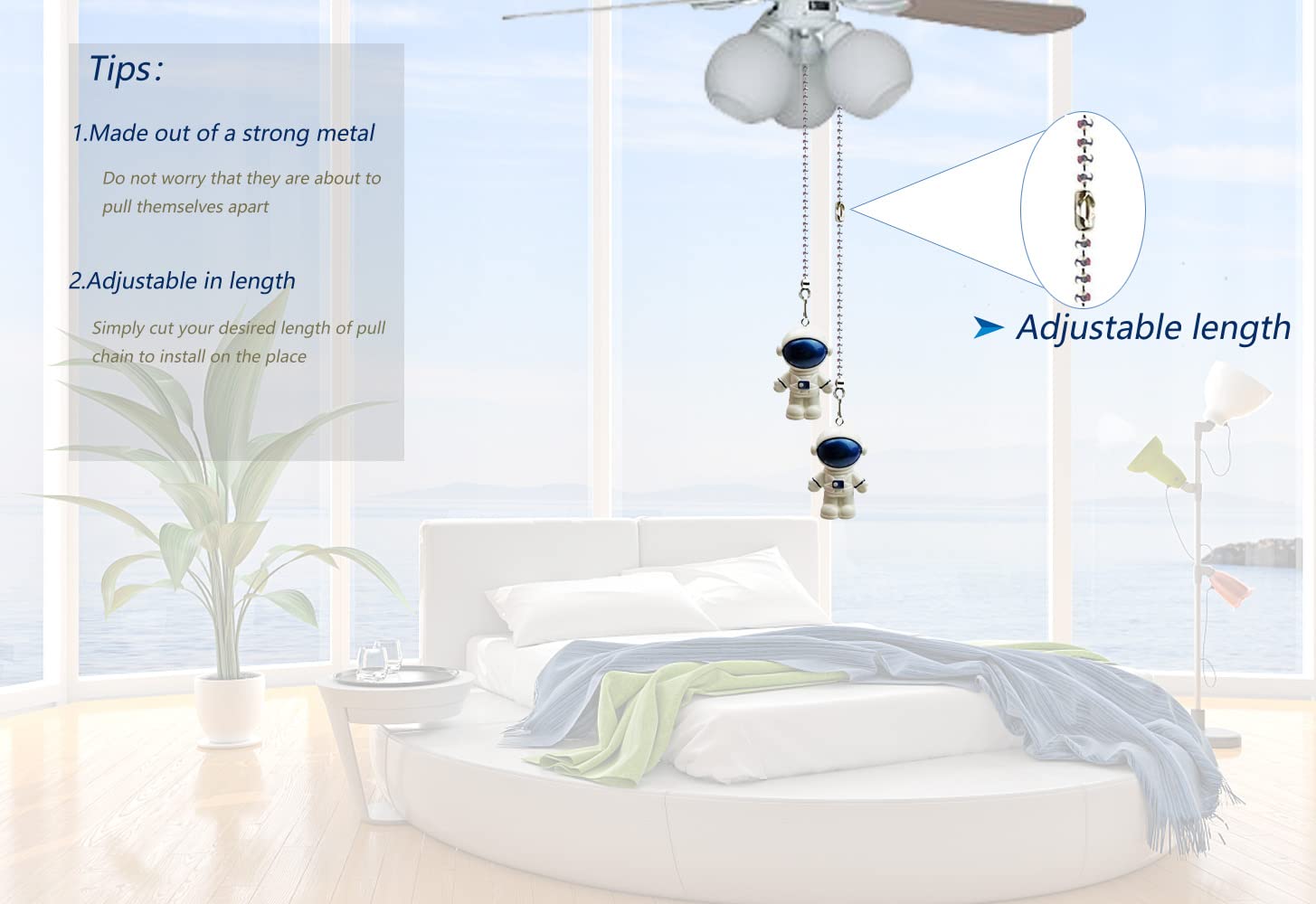 OMYZERO 12 inch Ceiling Fan Pull Chain Mini Blue Spaceman Charm Pendant Ceiling Fan Danglers Fan Pulls Chain Extender with Ball Chain Connector for Ceiling Fan Light Decoration