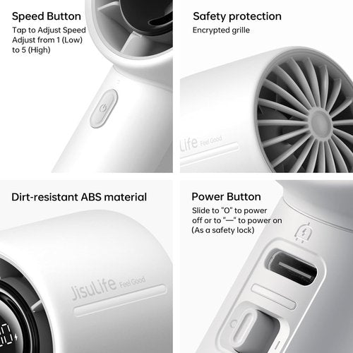 JISULIFE Handheld Turbo Fan - 5000mAh Rechargeable Portable Fan | 28-Hour Battery Life, 5-Speed Wind (Gray)
