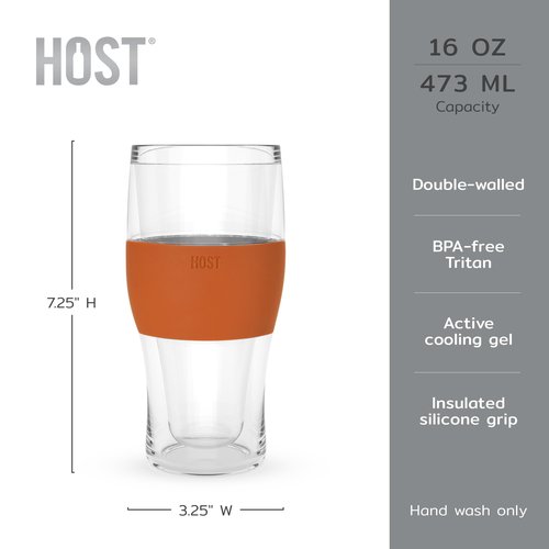 Host FREEZE Beer Glasses, Frozen Brew Mugs, Freezable Pint Glass Set, Insulated Beer Glass to Keep Your Drinks Cold, Double Walled Insulated Glasses, Gift for Dad, 16oz, Set of 2, Burnt Orange