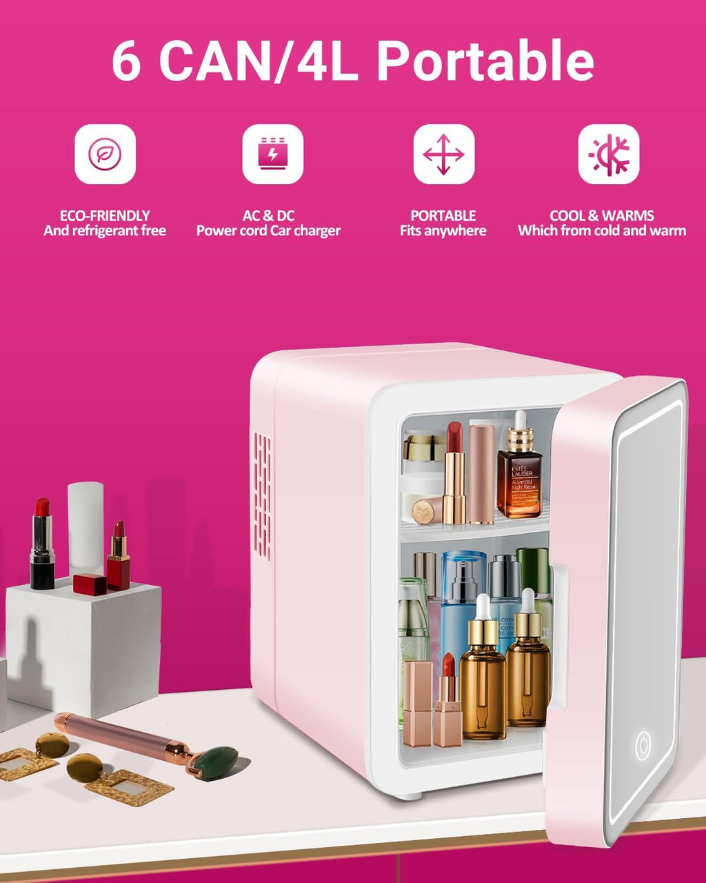 NISHCON 4-Liter Pink Portable Mini Fridge for Skincare Beauty Cosmetic Makeup With Mirrored Door and Dimmable LED Light