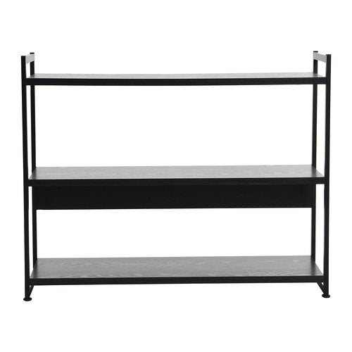 Household Essentials Jamestown Wide 3 Shelf Open Storage Bookshelf Black Oak Wood Grain and Black Metal