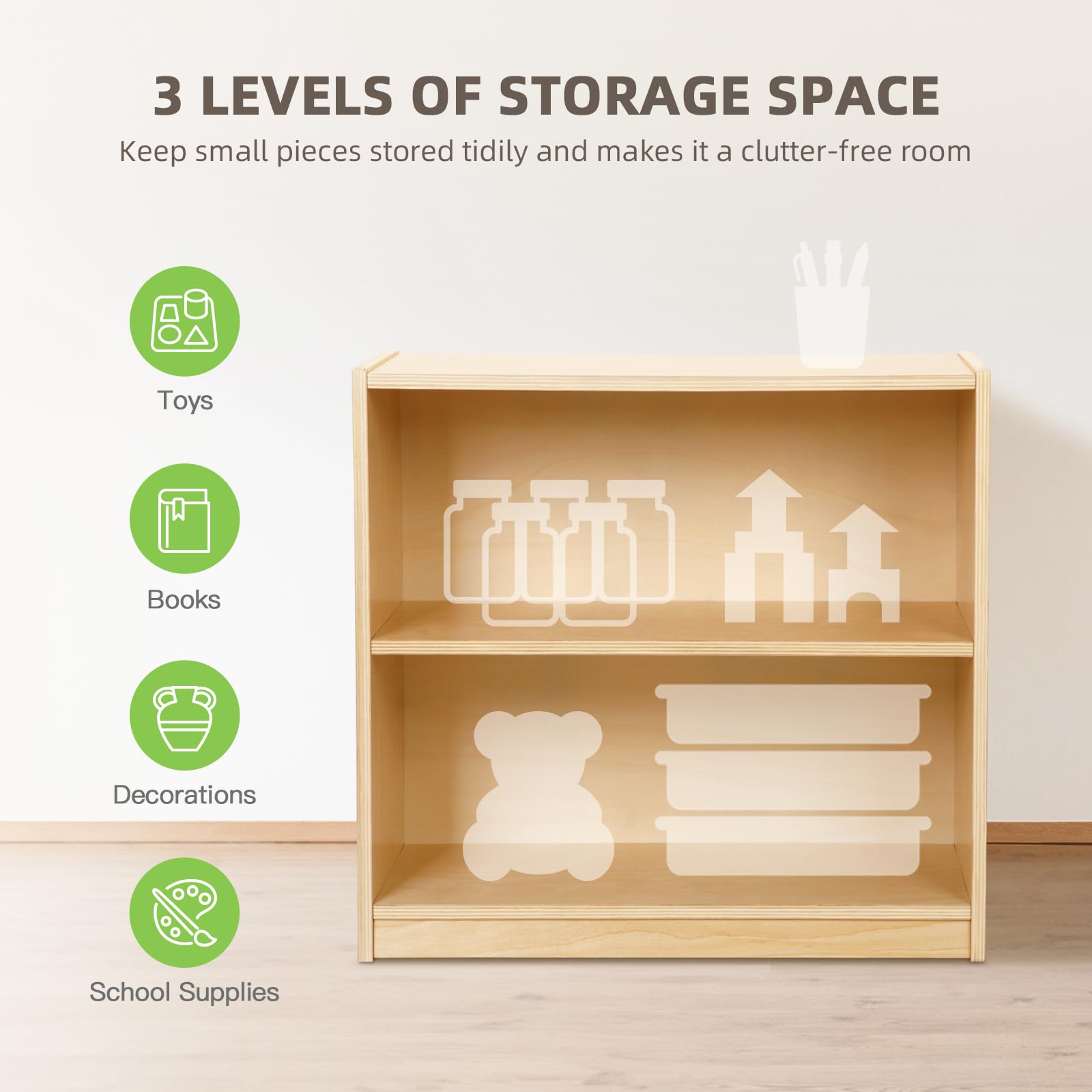OOOK Montessori Toy Shelf, 2-Tier Wooden Storage Shelf for Kids, Modern Style, Kids Bookshelf and Toy Storage, Classroom, Kindergarten, Playroom, Daycare Center
