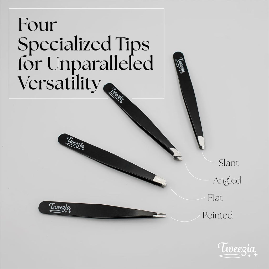 TWEEZIA Stainless Steel Tweezer Set - 4 Precision Tweezers with Mirror & Leather Case | Ideal for Eyebrows, Ingrown Hairs & Splinters