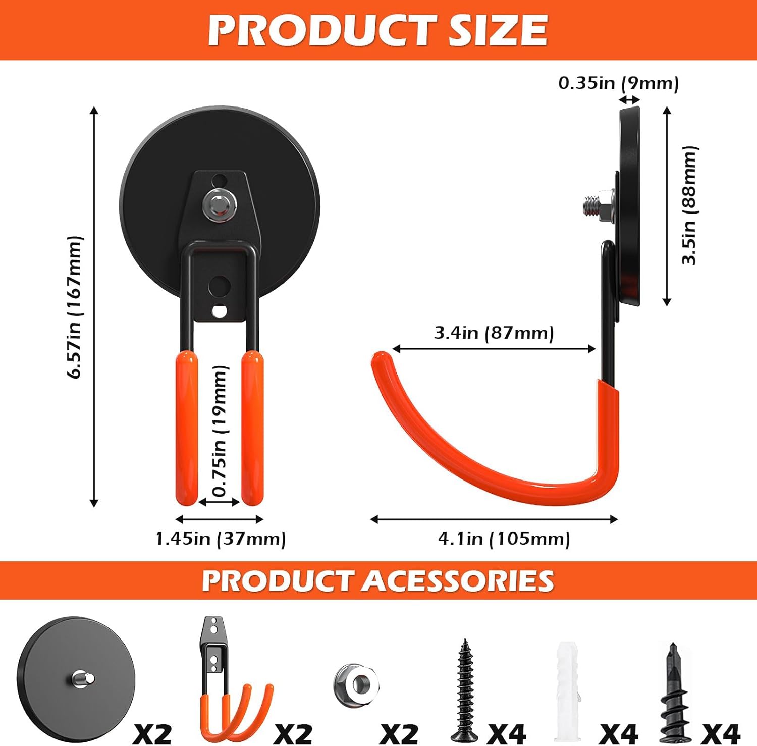 Magnetic Hooks by Extra Large - Heavy Duty 3.5in Ndfeb Magnet for Garage Tools | 2 Pack Wall Mounted Storage