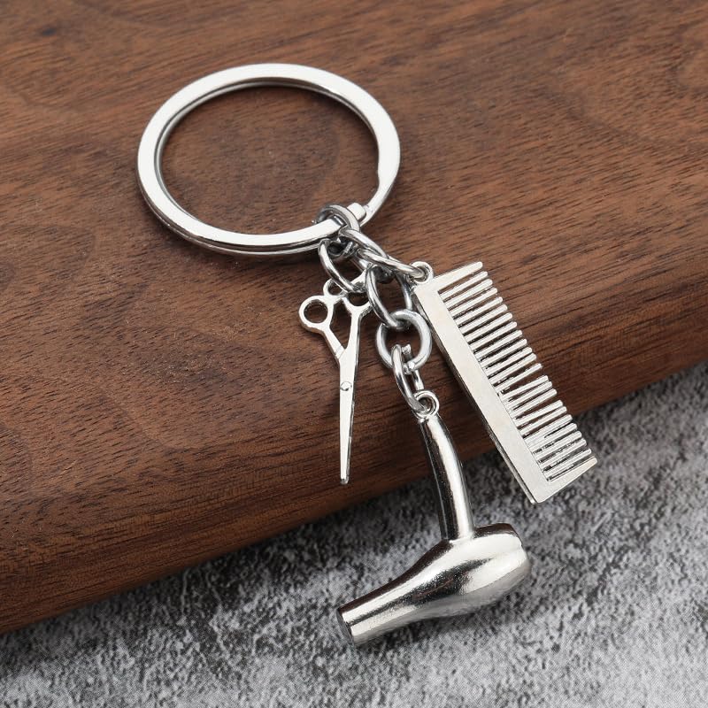 Hairdresser Keychain with Comb Scissors and Hair Dryer Charms Silver