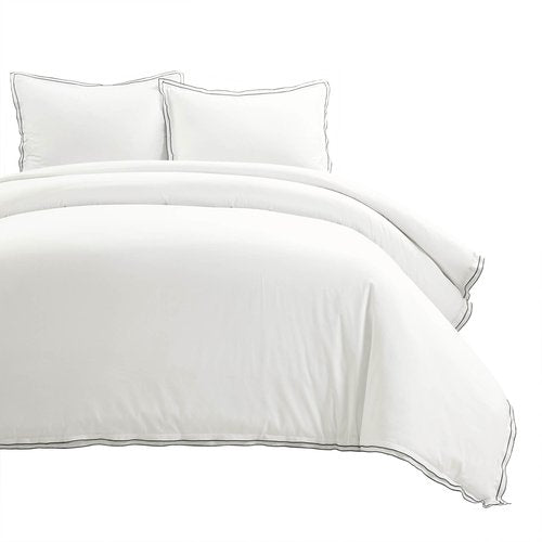 Lush Decor Hampton Double Flange Embroidered Contrast Edge Cotton Duvet Cover Set, 3 Piece Set, King, White & Black - Hotel Bedding Set - Black Trim - White Duvet Cover - Minimalist Decor