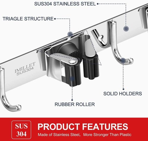 IMILLET Broom and Mop Holder - Wall Mounted Stainless Steel Organizer | Heavy Duty Self-Adhesive Hooks for Home