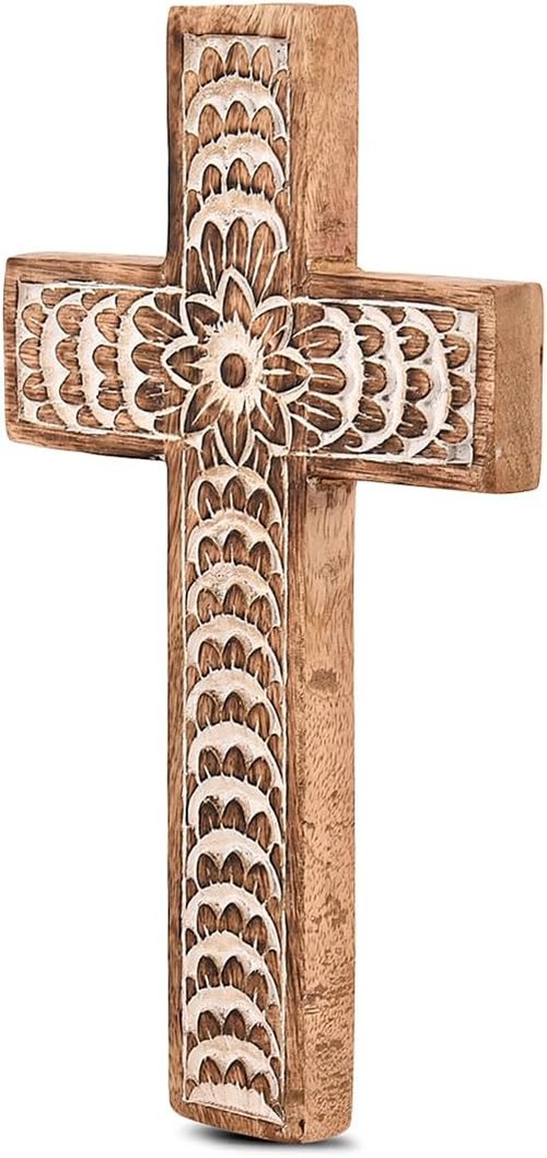 EDHAS Mango Wood Family Cross Decor - White Floral Carved Design | Home Decoration (10" x 6" x 0.5")