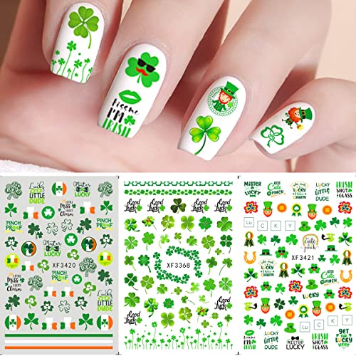 St Patrick’s Day Nail Art Stickers 3D Shamrock Green Clover Decals (10 Sheets)