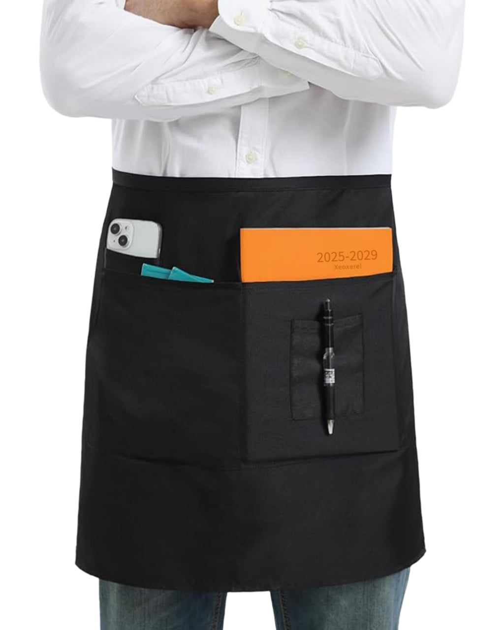 Xeoxarel 1 Pack Bistro Half Aprons with 4 Pockets, Unisex Waitress Waiter Waist Server Apron for Women and Men 27''X18''