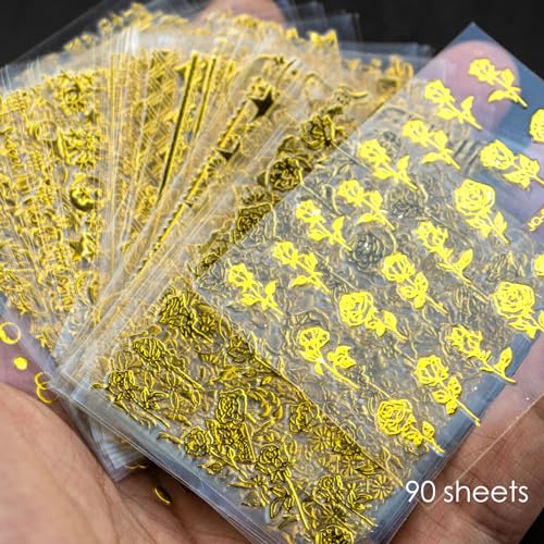 120 Sheets Gold Nail Art Decals - 3D Self-Adhesive Geometric & Floral Stickers