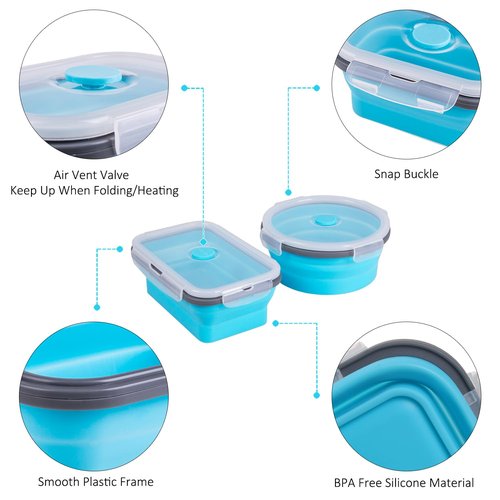 Annaklin Collapsible Food Storage Containers with Lid & Air Vent, 16 Pack, 8 Rectangular + 8 Round, Foldable Silicone Lunch Containers Collapsible Bowls Set, Microwave Freezer Dishwasher Safe, Blue
